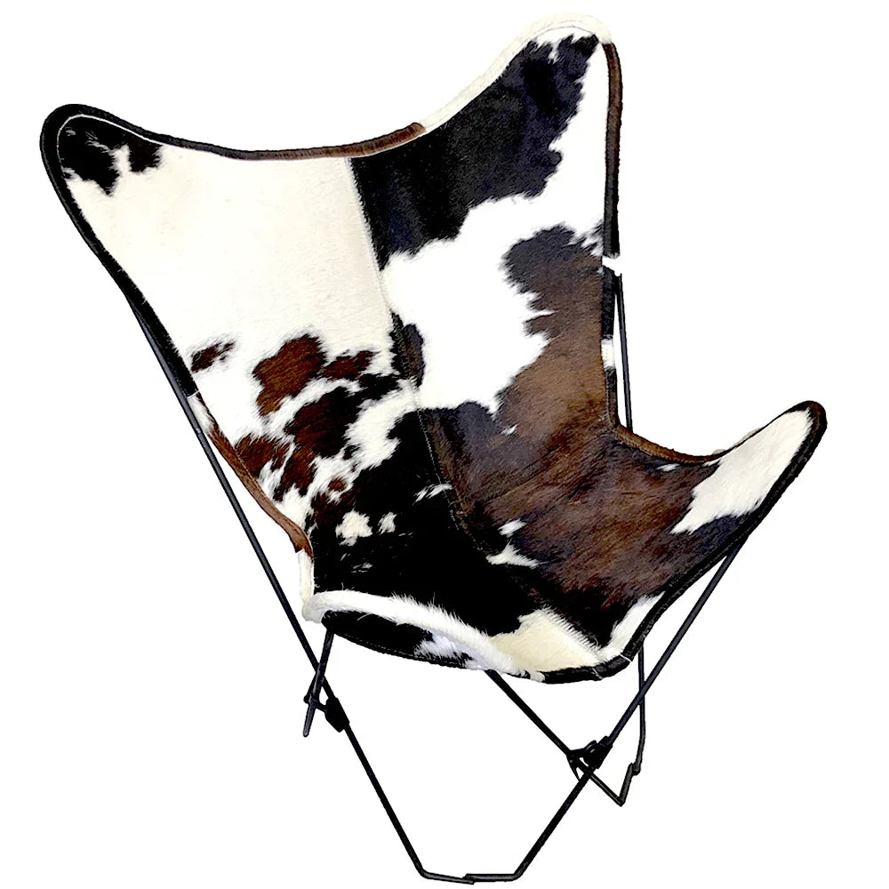 Cowhide Tricolor Butterfly Chair - Tri Color Cowhide - Suede Backing - Iron Black Legs - Your Western Decor