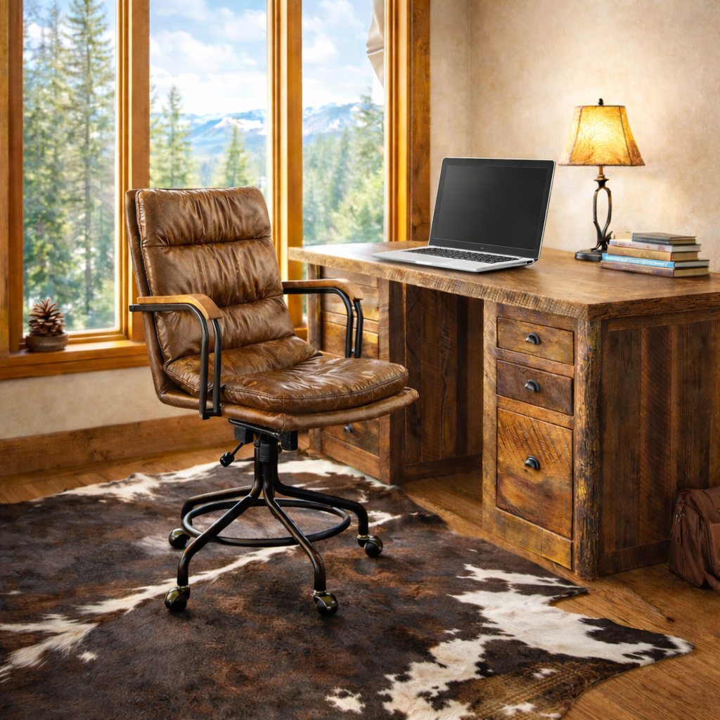 Wooden desk with leather chair and laptop in a room with large windows showing a forest view.