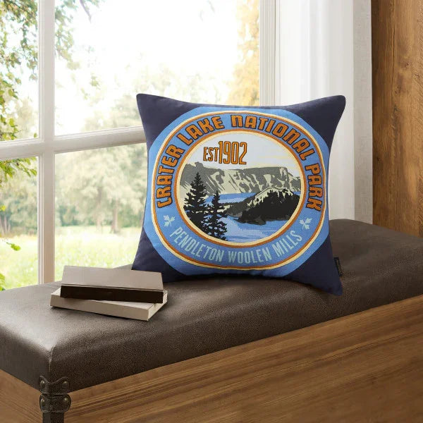 Crater Lake National Park Patch Pillow - Navy, Blue & Orange - Embroidery - Your Western Decor