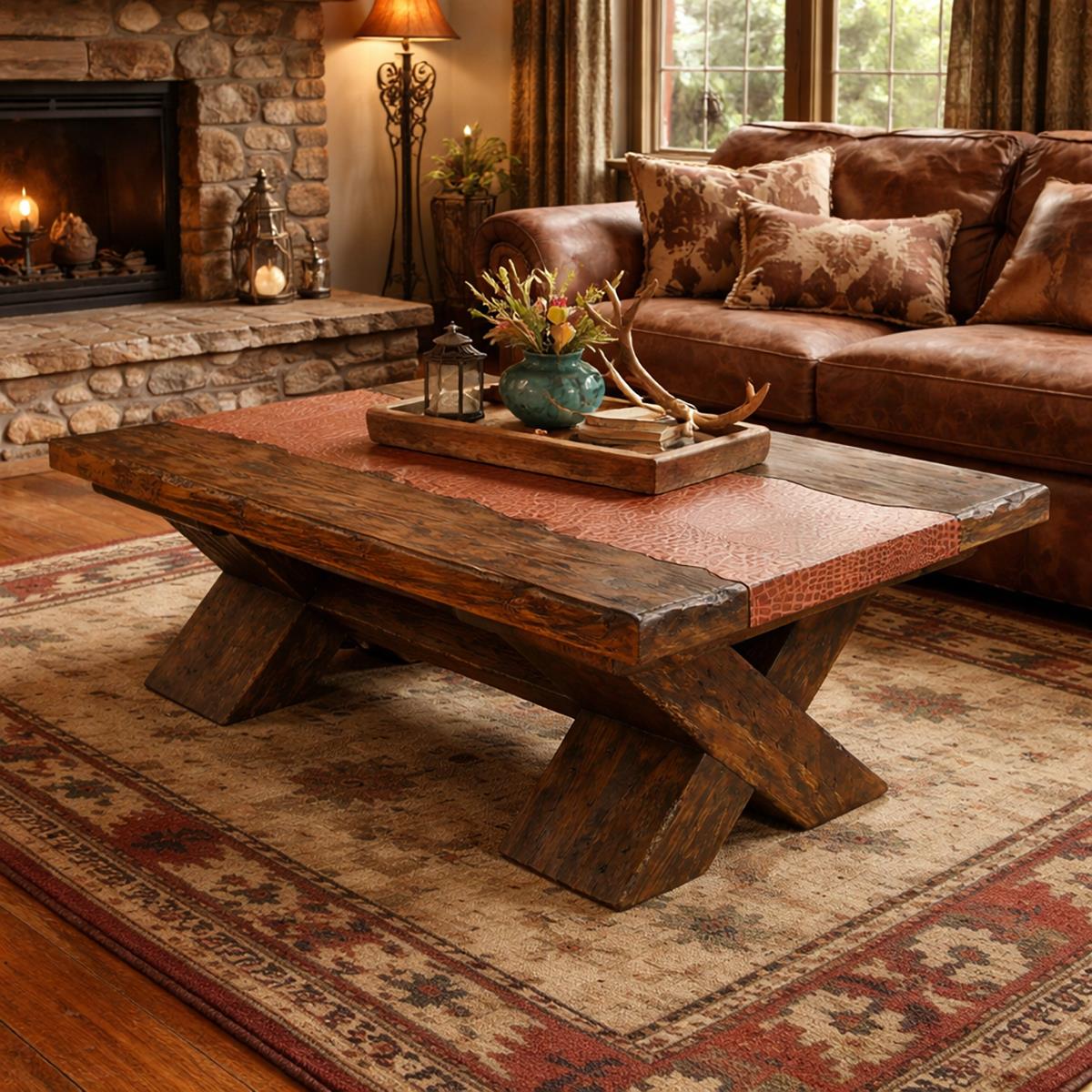 Cozy living room with a stone fireplace, wooden coffee table, and brown sectional sofa.