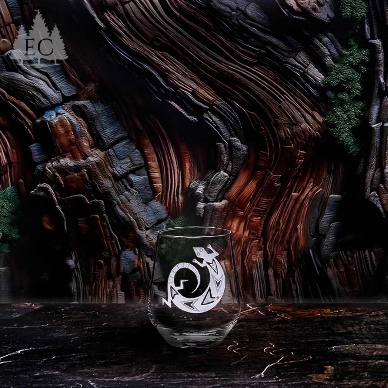 Stemless crystal wine glass with sand carved gecko art - Your Western Decor