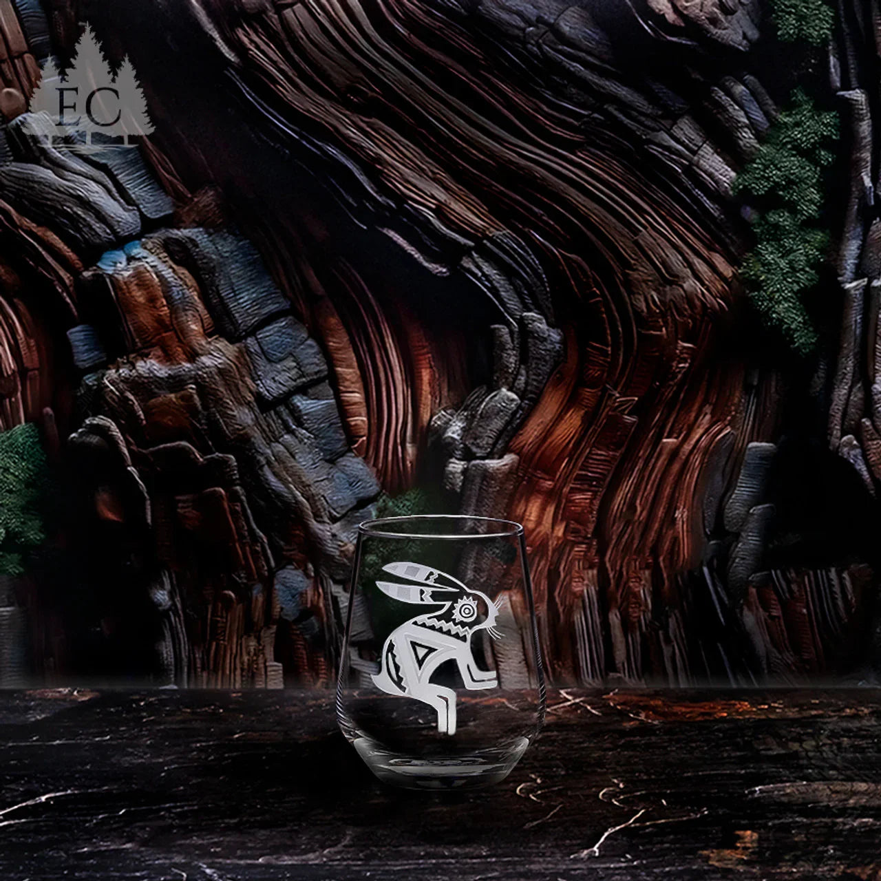 Stemless crystal wine glass with sand carved rabbit art - Your Western Decor