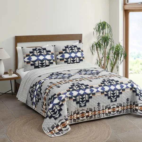 Desert Dawn Coverlet Set - Blues, white & tan on gray design - geometric pattern - Solid Reverse - Your Western Decor