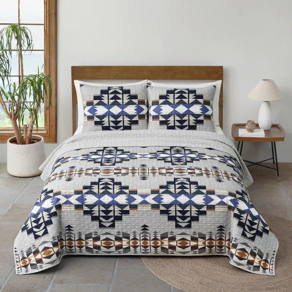 Desert Dawn Coverlet Set - Blues, white & tan on gray design - geometric pattern - Solid Reverse - Your Western Decor