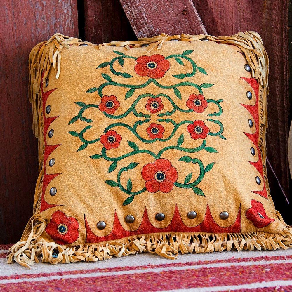Hand painted Desert Rose Throw Pillow made of suede deer hide with fringe, made in the USA - Your Western Decor