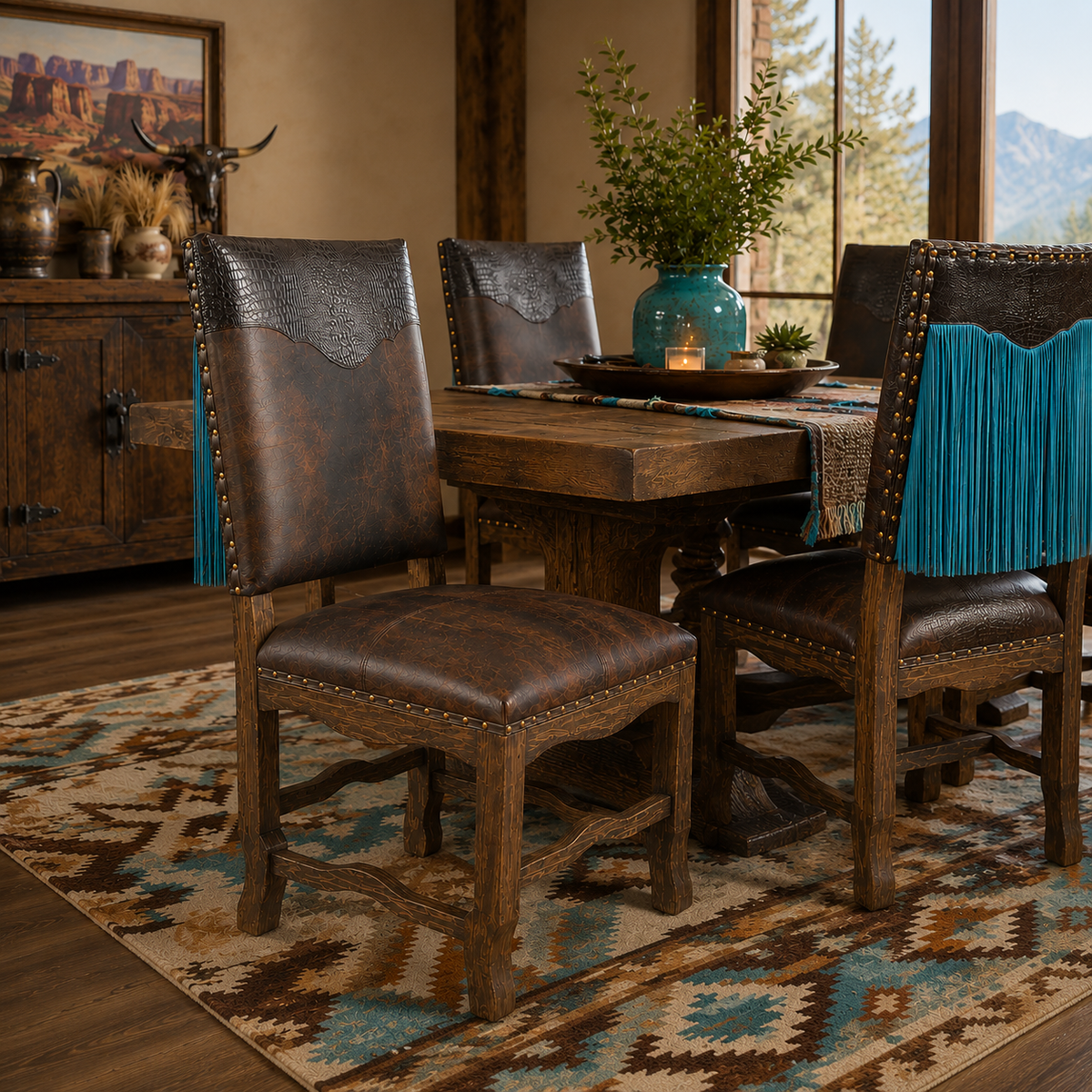 Desert Sky Fringe Leather Dining Chair | Western Dining Chairs