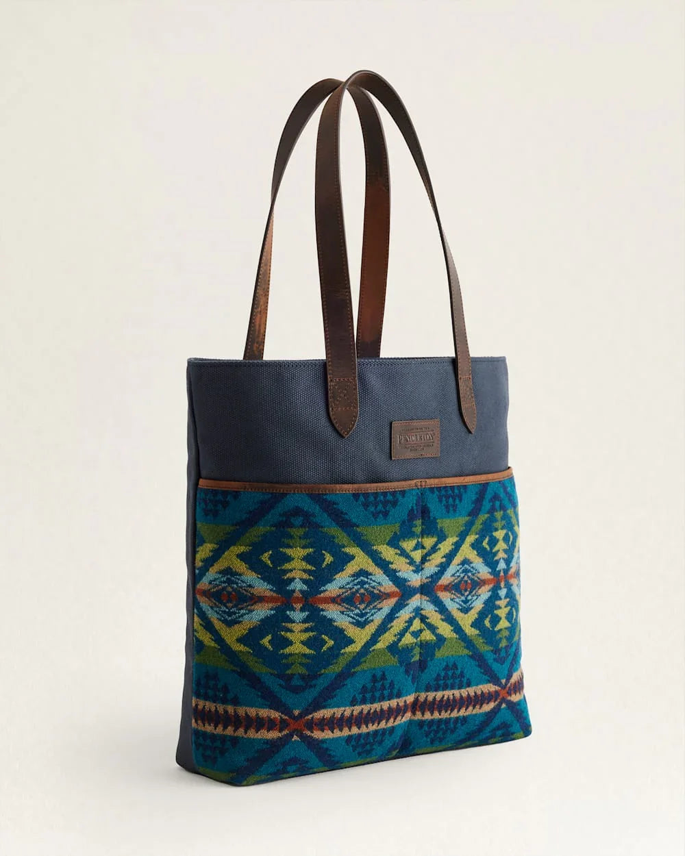 Diamond Desert Market Tote - Blue, Tan, Burnt Orange & Green - Brown Leather Straps - Two front pockets - Brown leather Pendleton Logo - Your Western Decor