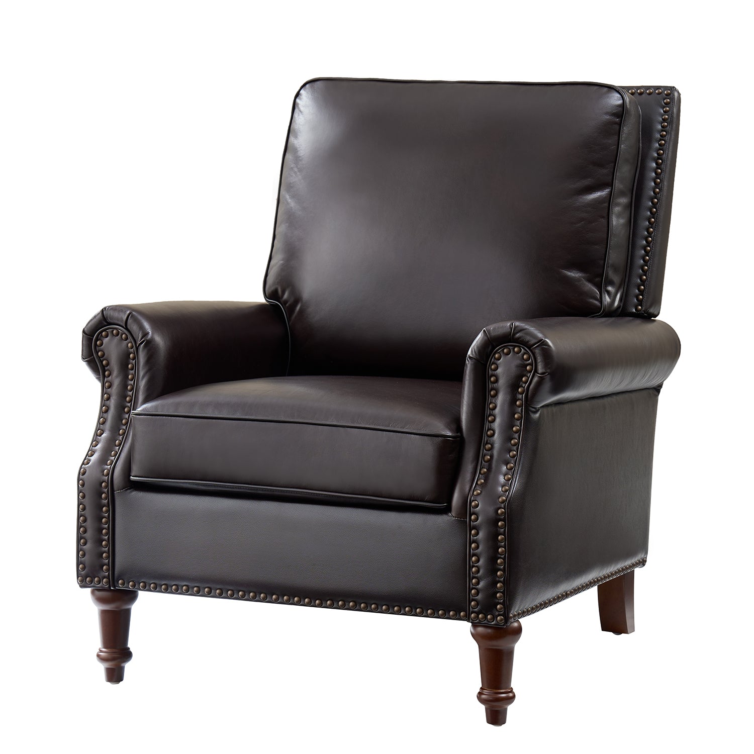 Espresso Canyon leather accent chair in dark brown genuine leather with nailhead trim and turned wood legs angles view