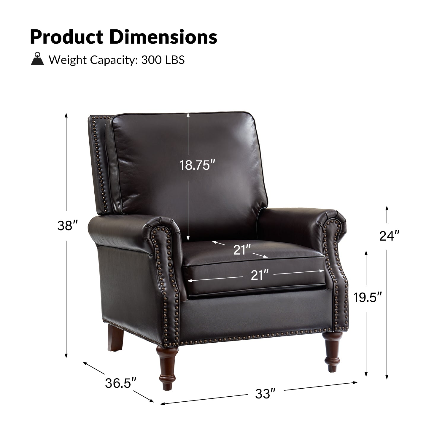 Espresso Canyon leather chair dimensions showing 38 inch height, 36.5 inch depth, 33 inch width and 300 lb weight capacity