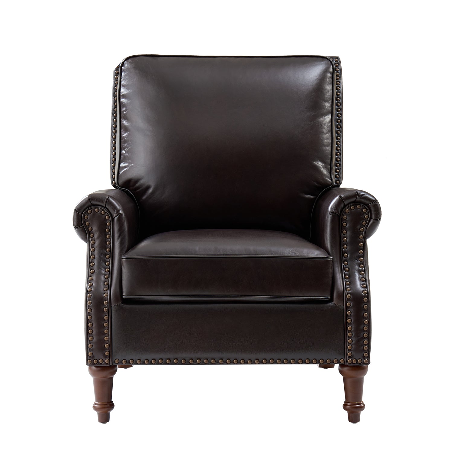 Espresso Canyon leather chair front view with rolled arms, nailhead trim and black genuine leather upholstery
