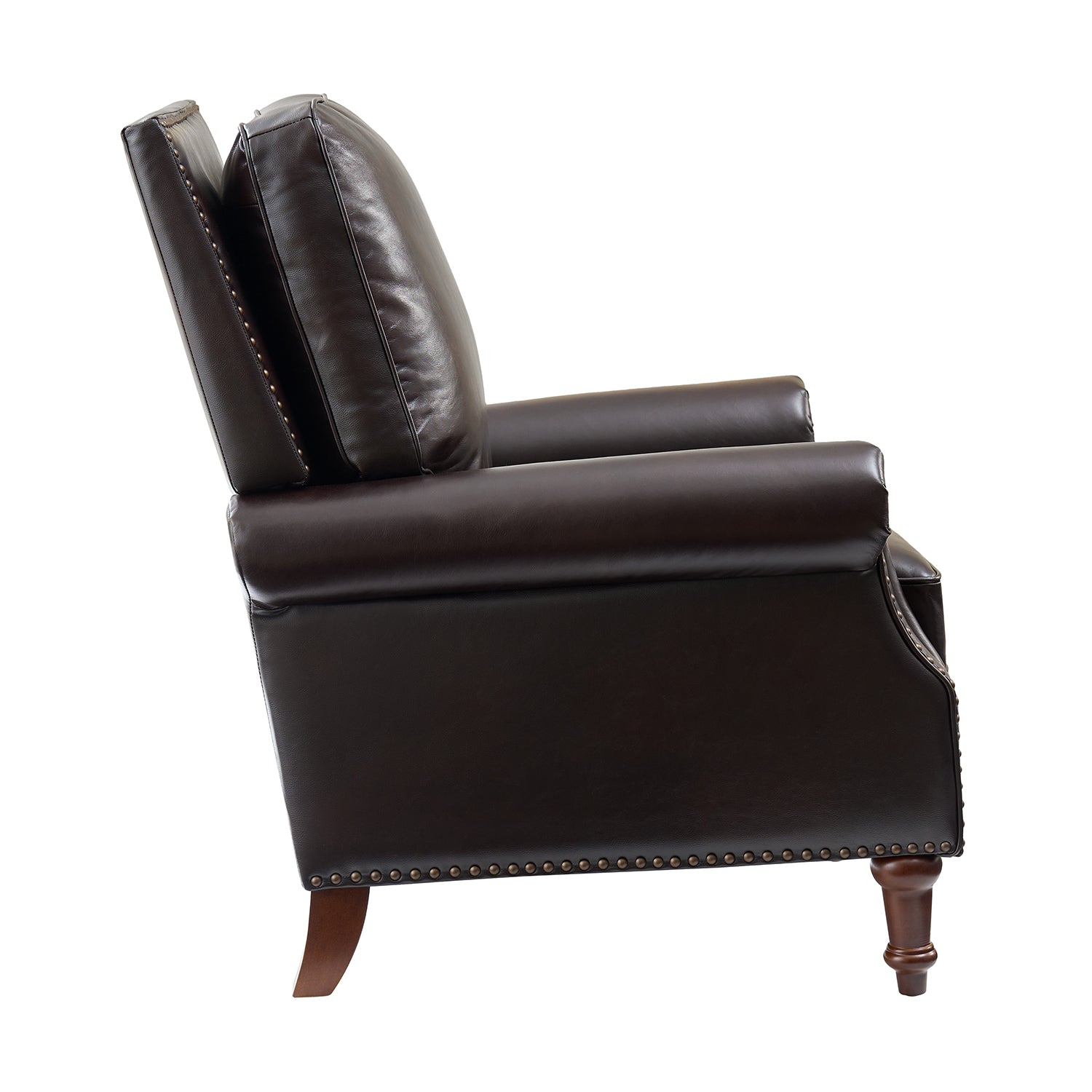 Espresso Canyon leather chair side view highlighting rolled arm design, nailhead trim and wood legs
