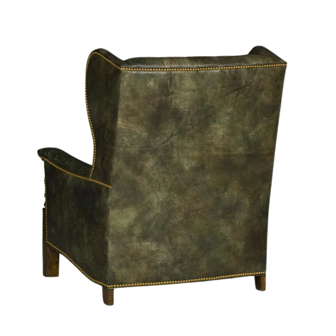 Back of vintage-style green leather armchair with worn leather finish - Your Western Decor
