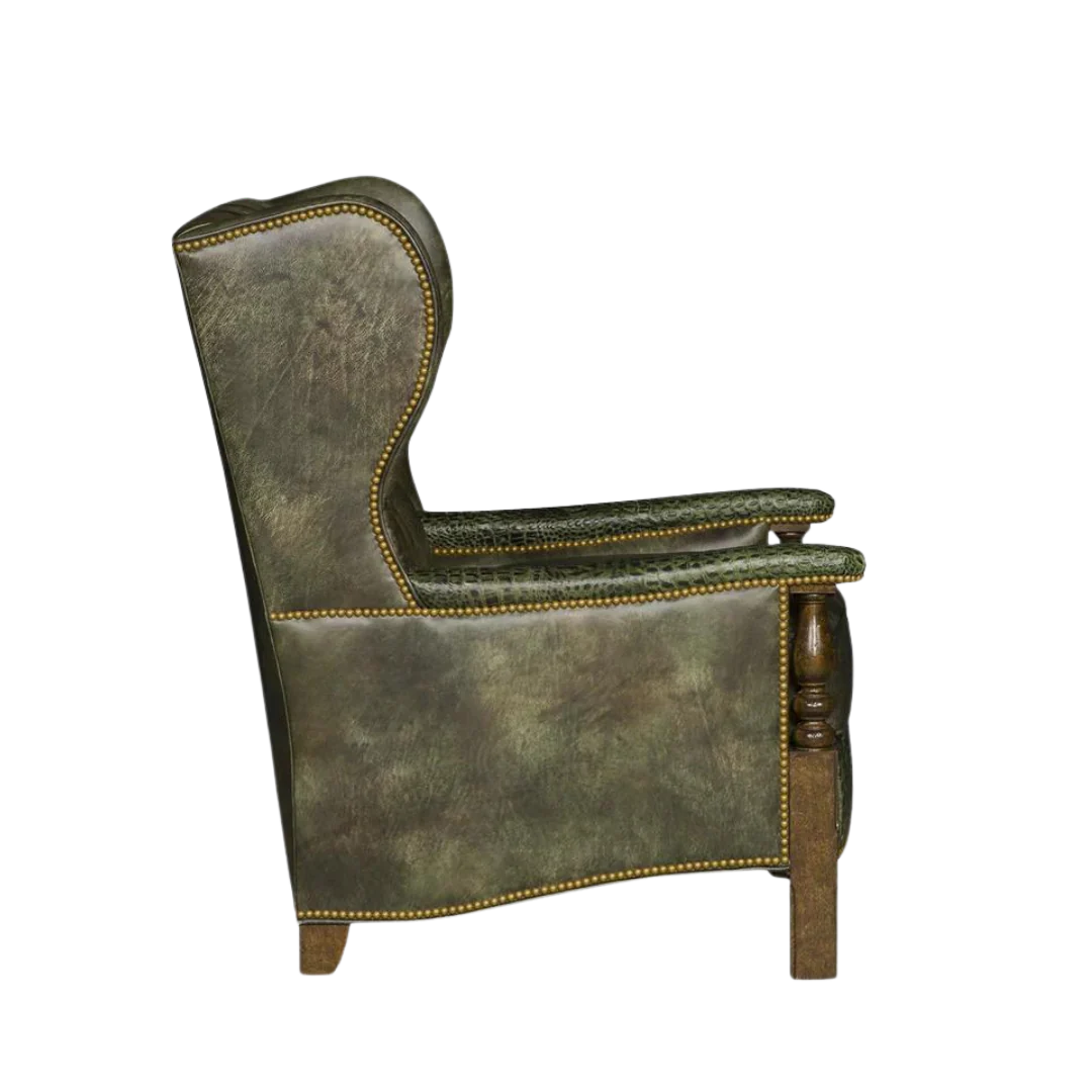 Side of green leather wingback leather armchair - Your Western Decor