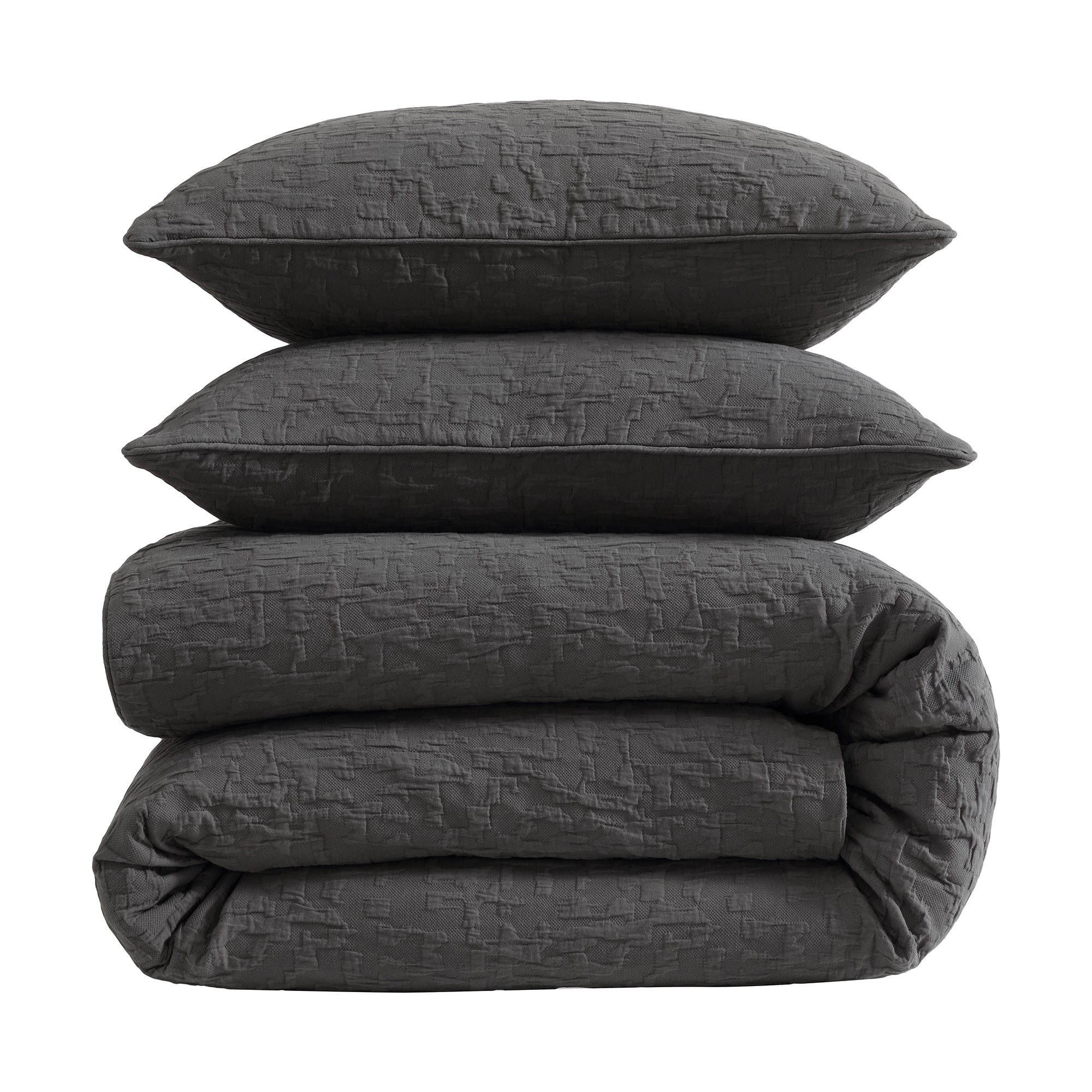 Dark gray textured comforter and pillows on a white background