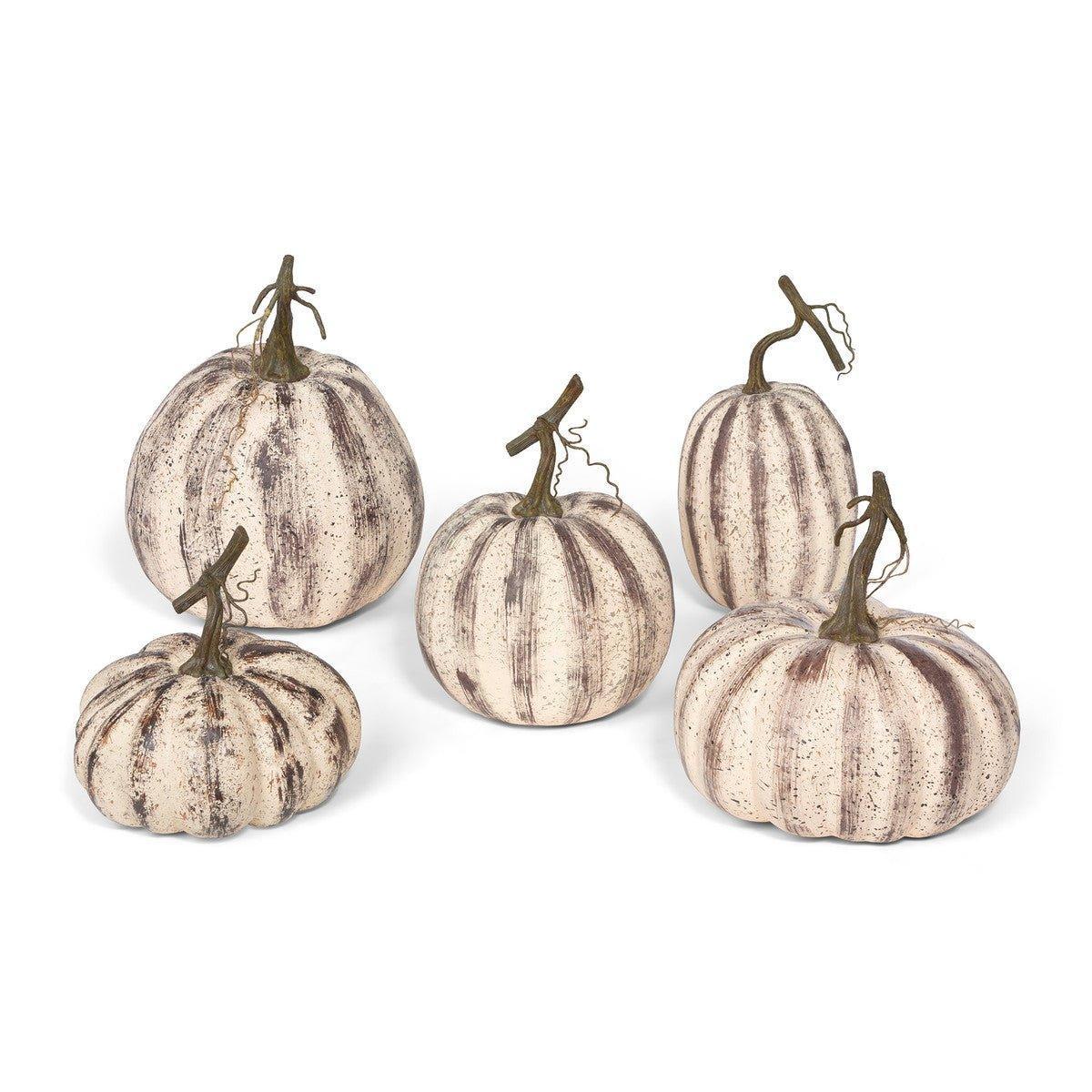 A set of five beige and brown pumpkin-shaped decorations with a weathered texture, displayed on a white background - Your Western Decor