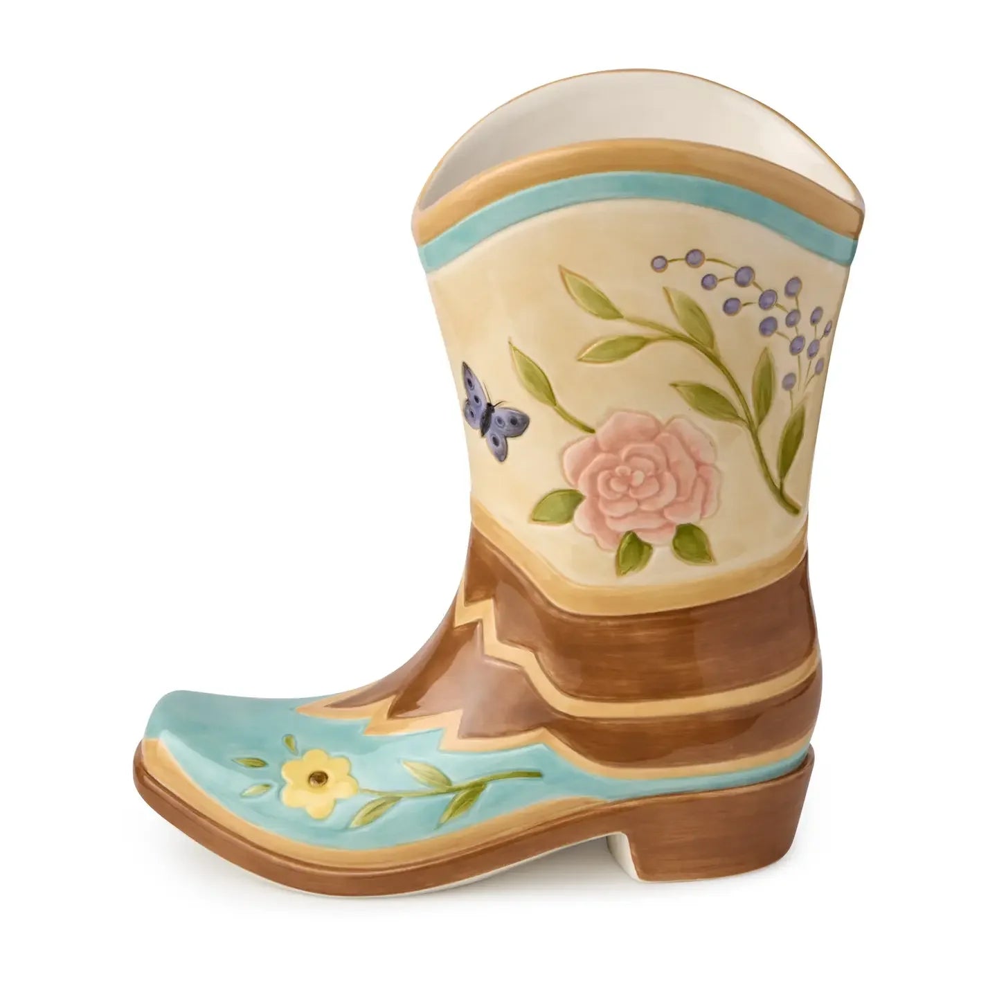 Floral Farm 3D Boot Vase - Hand painted - Florals & butterfly design - Cowboy boot shape - Your Western Decor