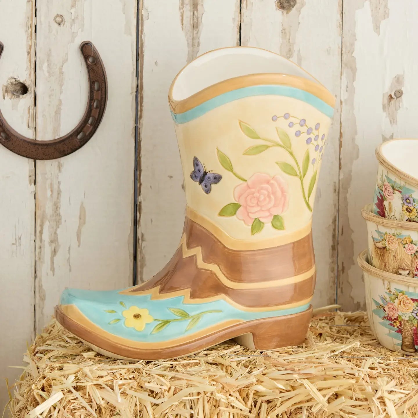 Floral Farm 3D Boot Vase - Hand painted - Florals & butterfly design - Cowboy boot shape - Your Western Decor