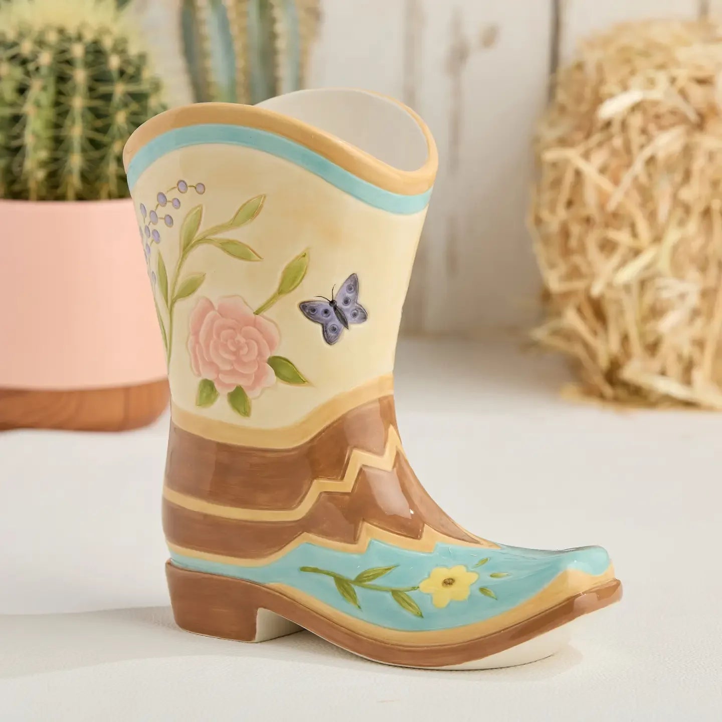 Floral Farm 3D Boot Vase - Hand painted - Florals & butterfly design - Cowboy boot shape - Your Western Decor