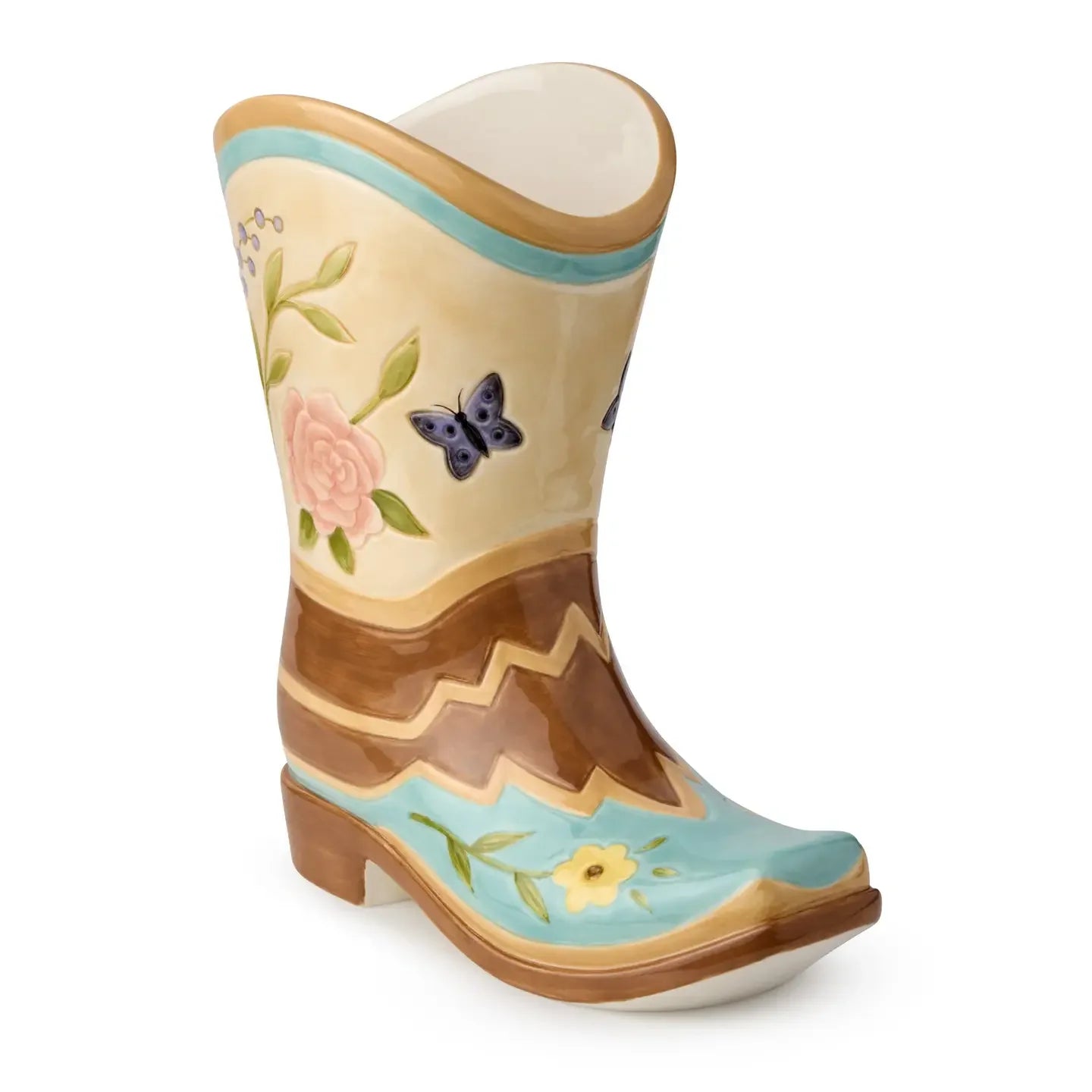 Floral Farm 3D Boot Vase - Hand painted - Florals & butterfly design - Cowboy boot shape - Your Western Decor