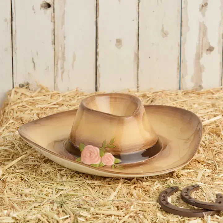 Chip & Dip Cowgirl Hat Tray - Brown Hat with Pink Flowers - Your Western Decor
