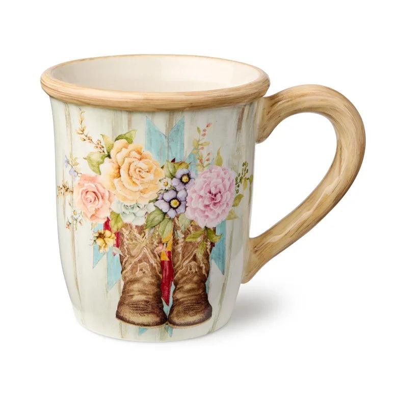 Floral Farm Boots Mug - Boots with flowers - Barn wood background - Your Western Decor
