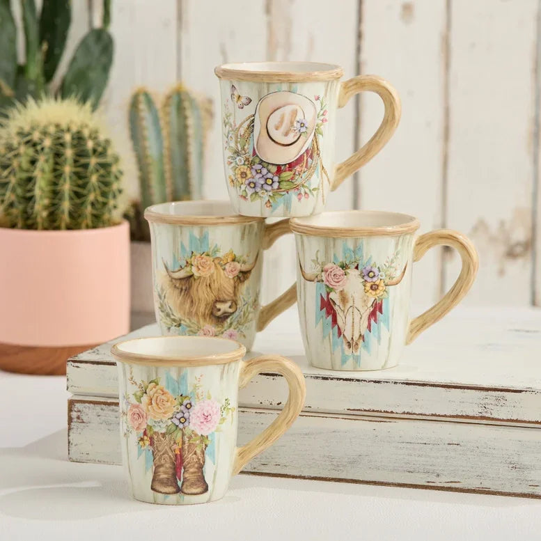 Floral Farm Mug Set - 4 Mugs - Farmhouse Design - Melamine - Your Western Decor