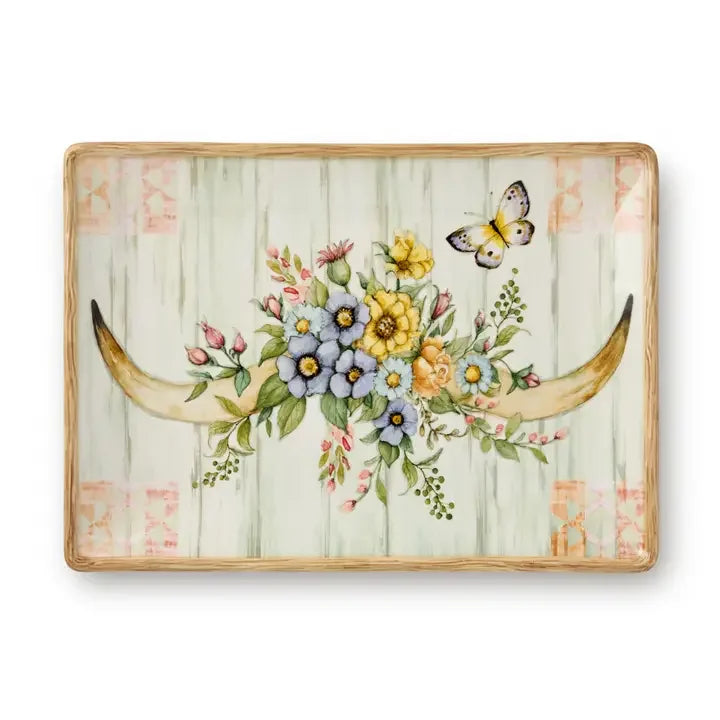 Floral Horns Rectangle Platter - Barn wood Background - Horns with flowers - Your Western Decor