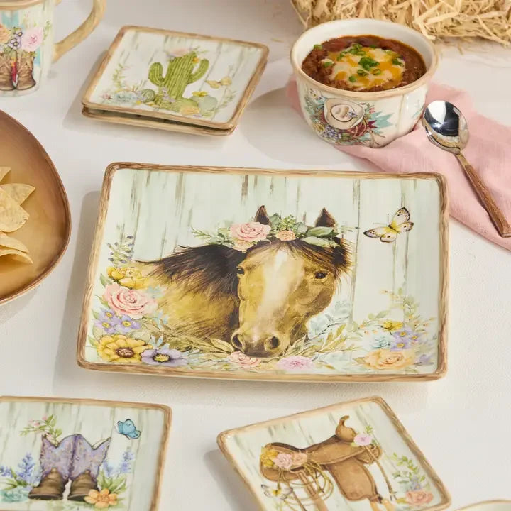 Floral Horse Square Platter - Barn wood background - Horse with flowers - Your Western Decor