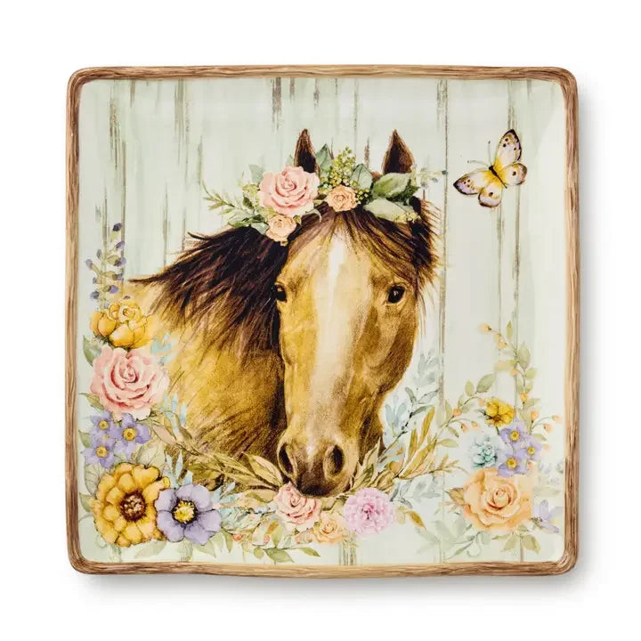 Horse Square Platter - Horse with flowers - Barn wood background - brown wood edges - Your Western Decor