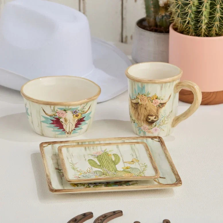 Floral Farms Mug, Ice Cream B owl & Plates - Farmhouse Design - Cactus, Highland Cow & Steer Skull with florals - Your Western Decor