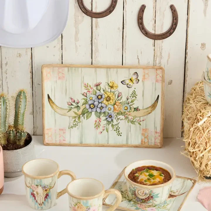 Floral Horns Rectangle Platter - Barn wood Background - Horns with flowers - Your Western Decor
