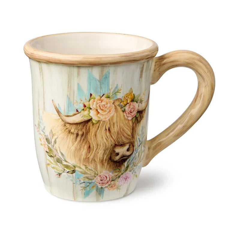 Floral Farm Highland Cow Mug - Melamine Mug - Barn wood Background - Your Western Decor