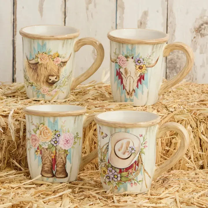 Floral Farm Mug Set - Highland Cow Design - Steer Skull Design - Cowboy Boot Design - Cowgirl Hat Design - Florals - Barnwood Background - Your Western Decor