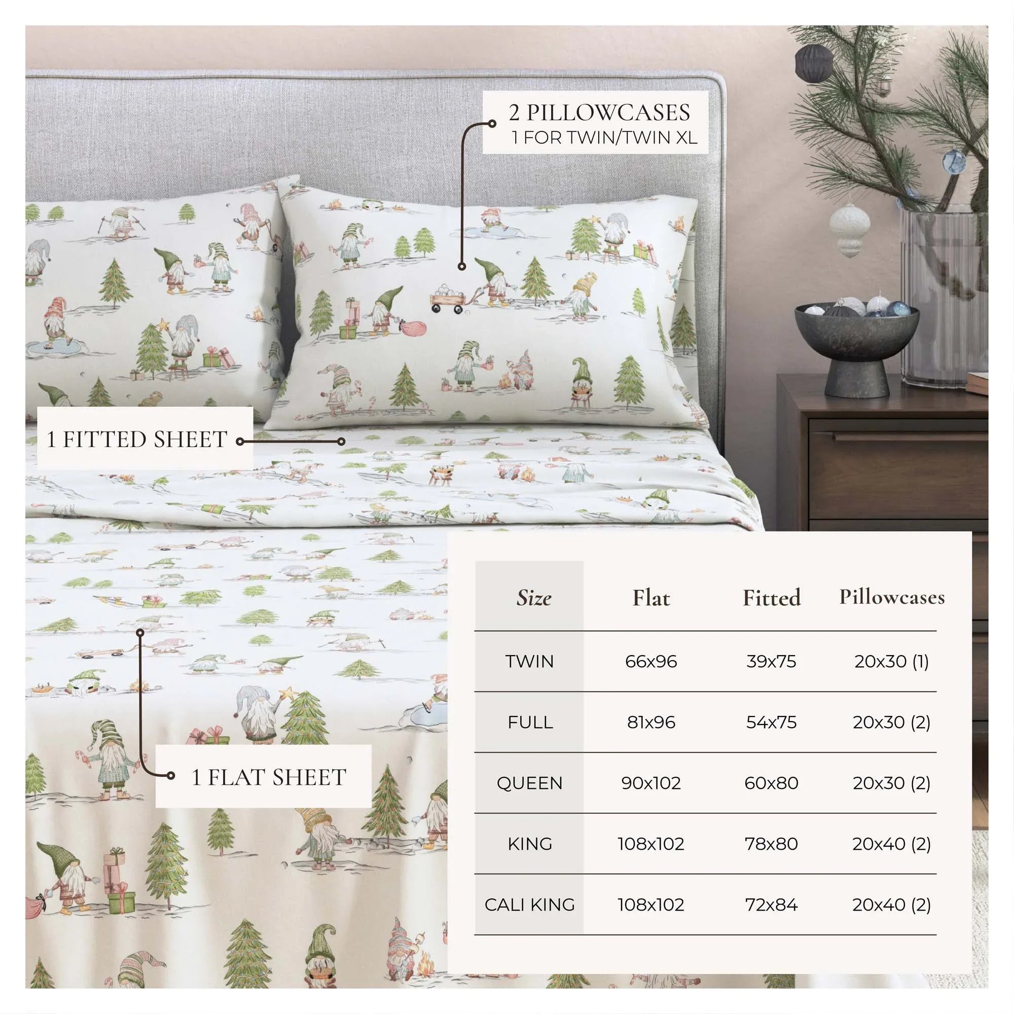 Bedding set with gnomes design on a bed, including pillowcases and sheets, with a chart showing size measurements.