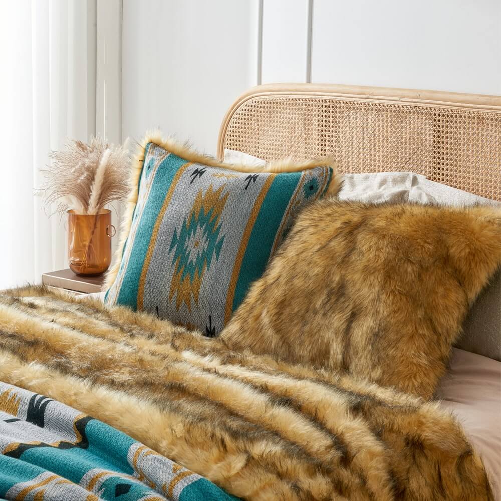 Faux Fur Aztec Pillow Covers Turquoise+Gold.Your Western Decor