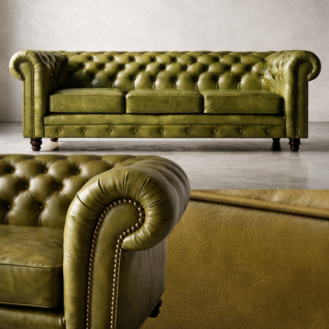 An olive green tufted leather Chesterfield sofa with nailhead trim, shown in a staged interior setting with a matching armchair in the foreground and a textured gray wall and floor in the background.