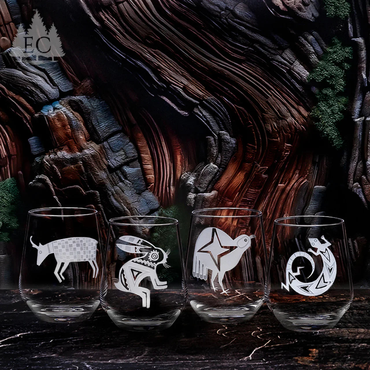 Desert Guardians 4-pc crystal stemless glass set with desert animals in sand carvings - Your Western Decor
