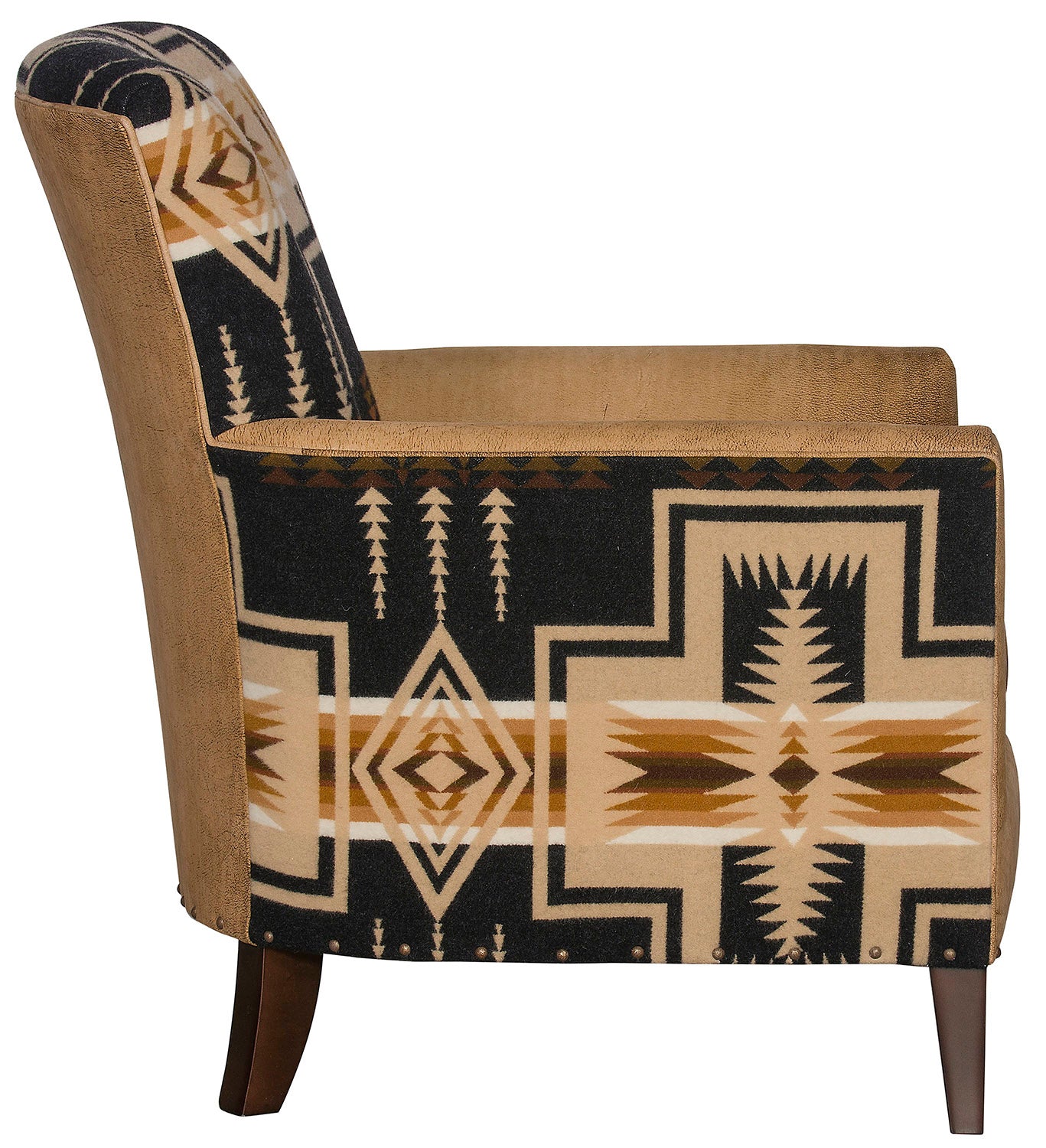 Harding Baxter Southwestern fabric and leather living room chair side detail