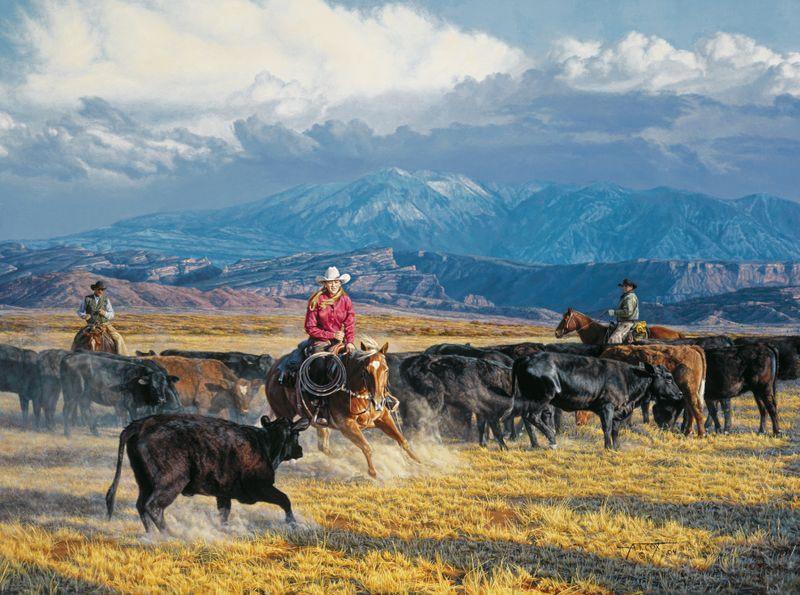 Her chance to cut western art - lady cutting cows - Your Western Decor