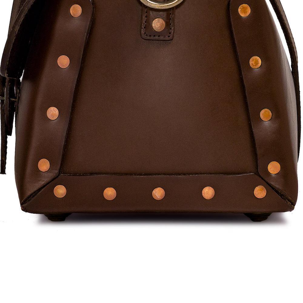 Luxury Handmade Dark Brown Leather Tradesman Bag end showing rivets - Your Western Decor