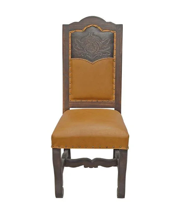 Chair with brown leather seat and backrest on a white background