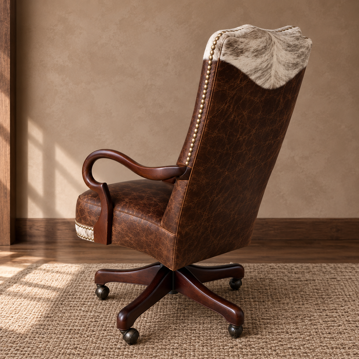 A rustic brown leather swivel office chair with a cowhide hair-on-hide backrest, set on a woven rug against a textured beige wall.