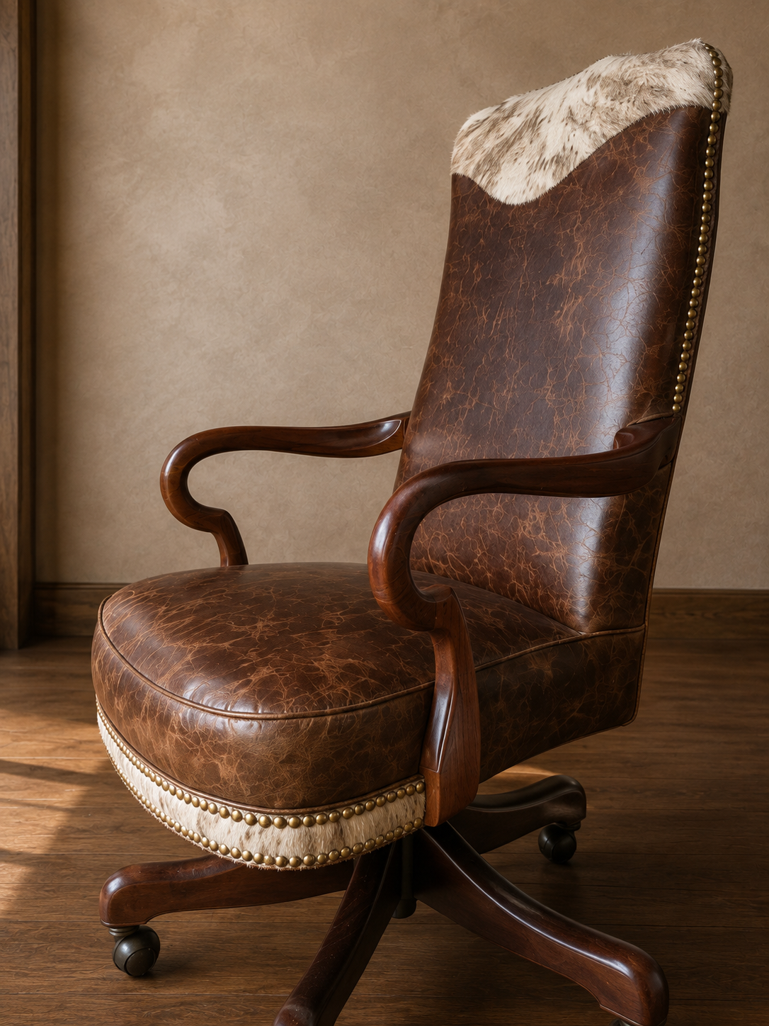 A rustic brown leather swivel office chair with a high back, featuring a natural cowhide panel on the headrest and a matching cream-colored tufted trim on the base, set against a warm textured wall and wooden floor.