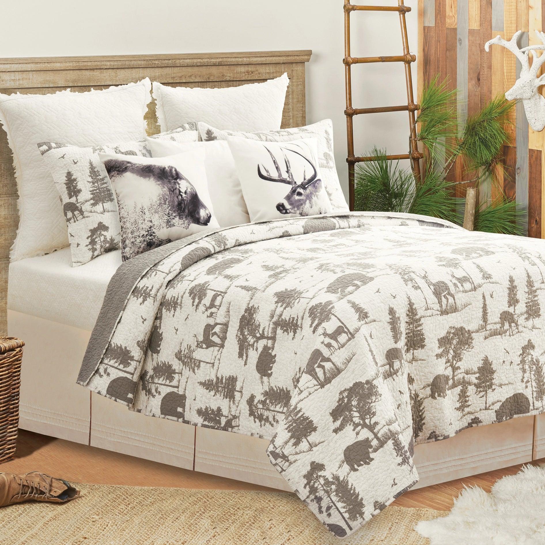 Hillside Journey Quilt Set - Forest Animal Design - Grey & White - Lodge - Rustic - Your Western Decor