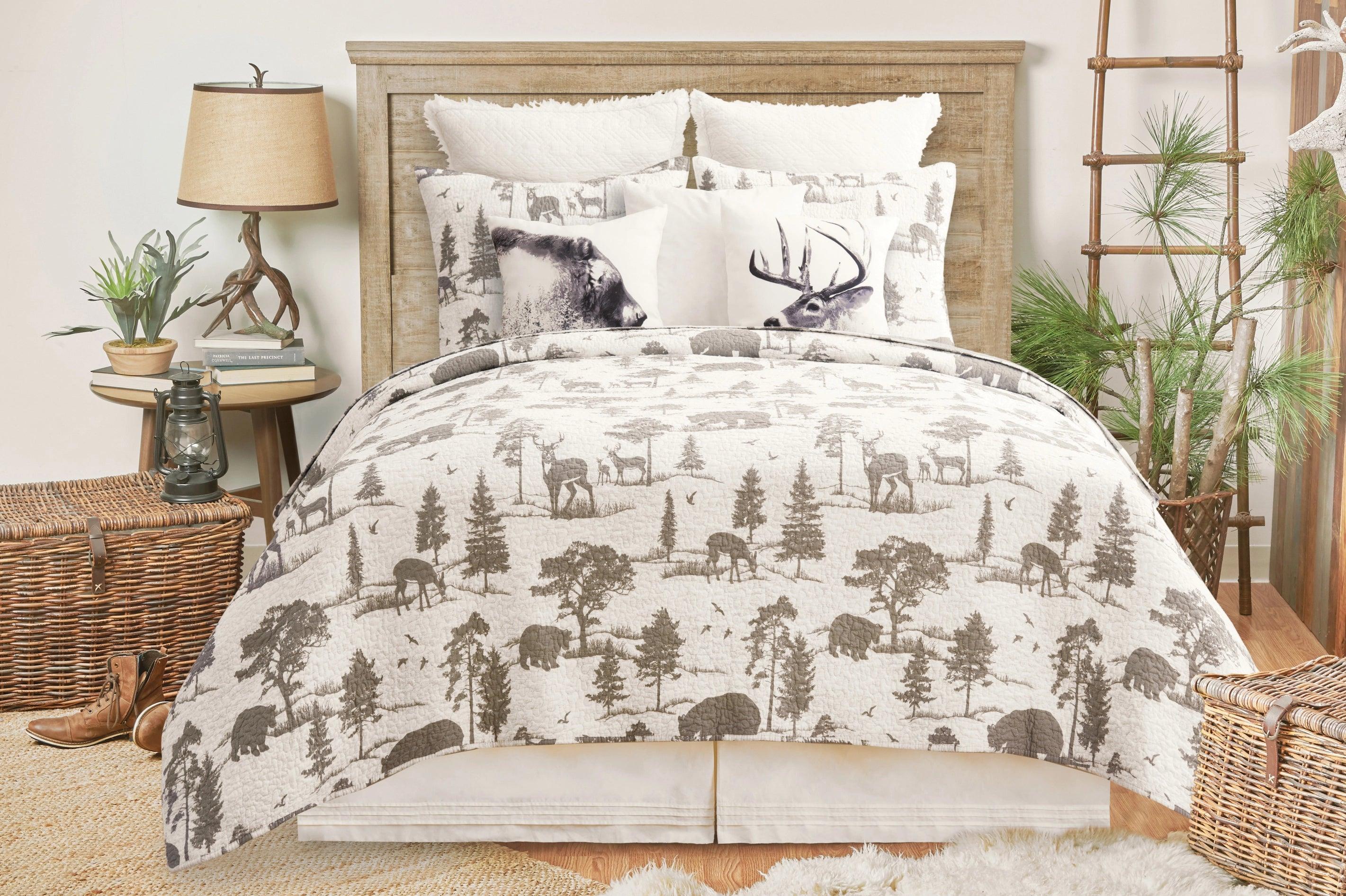 Hillside Journey Quilt Set - Forest Animal Design - Grey & White - Lodge - Rustic - Your Western Decor