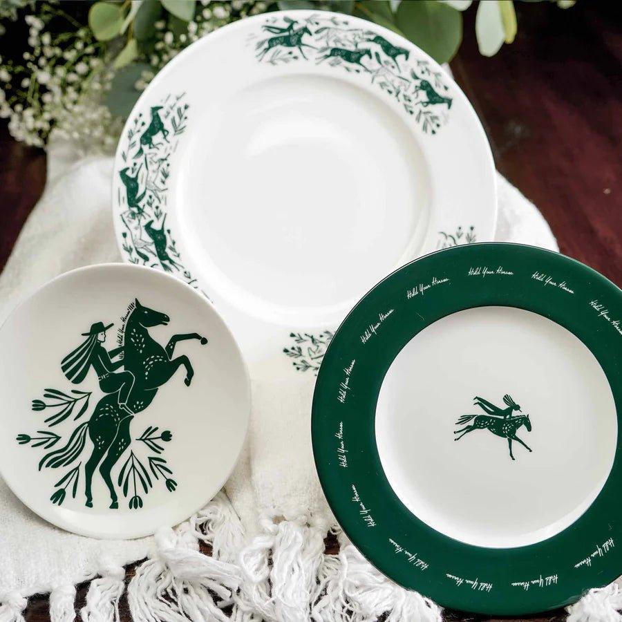 Porcelain Hold Your Horses Plate Set in green and white with horse and rider - Your Western Decor