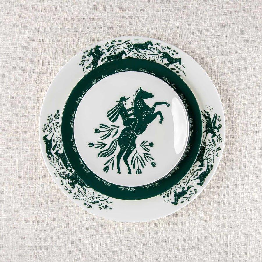 Hold Your Horses green and white porcelain plate set - Your Western Decor