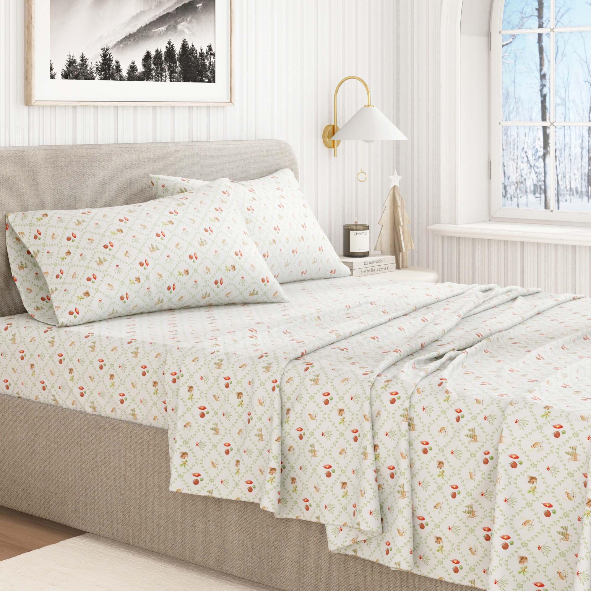 Christmas Floral patterned bedspread on a bed in a well-lit bedroom