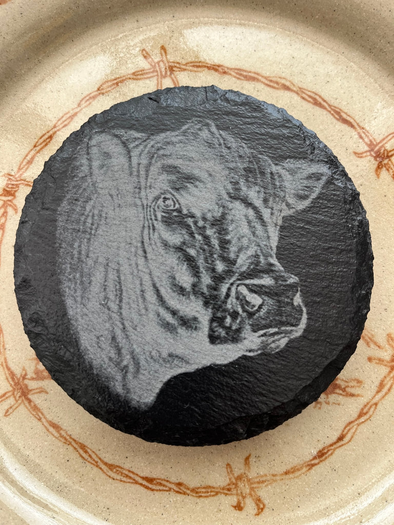 Engraved bull round slate coasters made to order - Your Western Decor