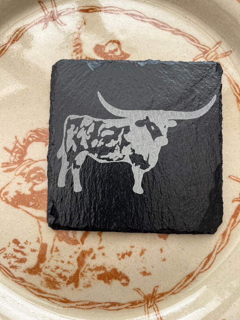 Engraved Texas Longhorn Slate Coasters made to order in the USA by Your Western Decor